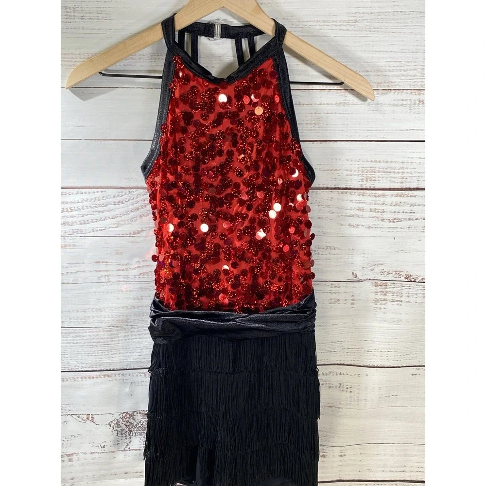 Weissman Red Sequence Black Fringe Dance Costume